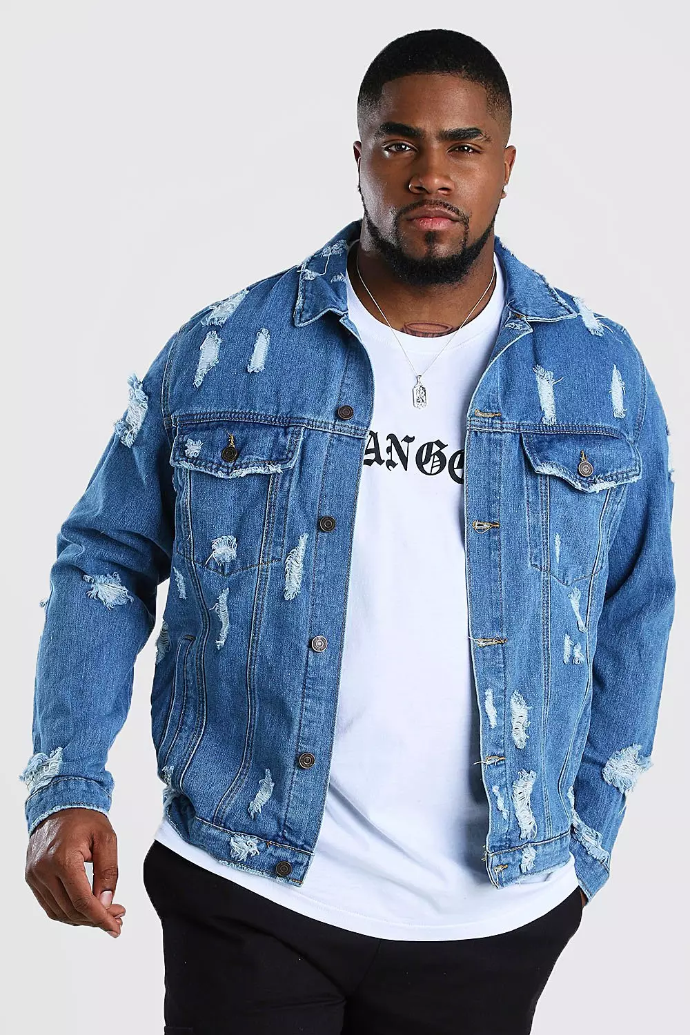 Oversized distressed denim outlet jacket plus size